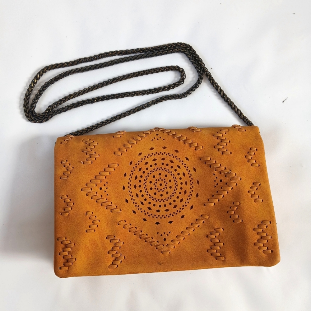 Vintage Aztec Clutch Detachable Chain Strap Crossbody Gold Yellow Boho Purse